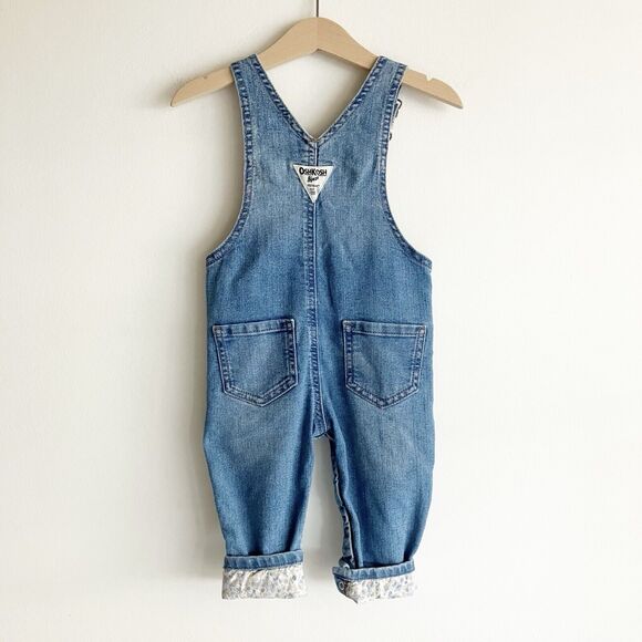 OshKosh Bgosh Girls 12 Mos Denim Overalls Floral Print Cuff Blue Jean Snap Legs - Picture 4 of 9